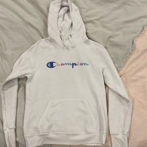 White Champion Hoodie with Pastel rainbow letters! NEVER WORN!